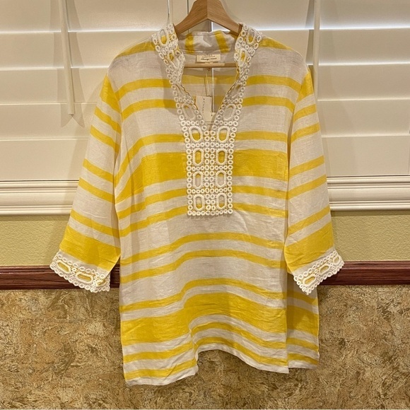 Charter Club NWT 100% Linen Tunic Top Yellow White Stripe Lace Trim V Neck Sz 2X - Picture 9 of 12